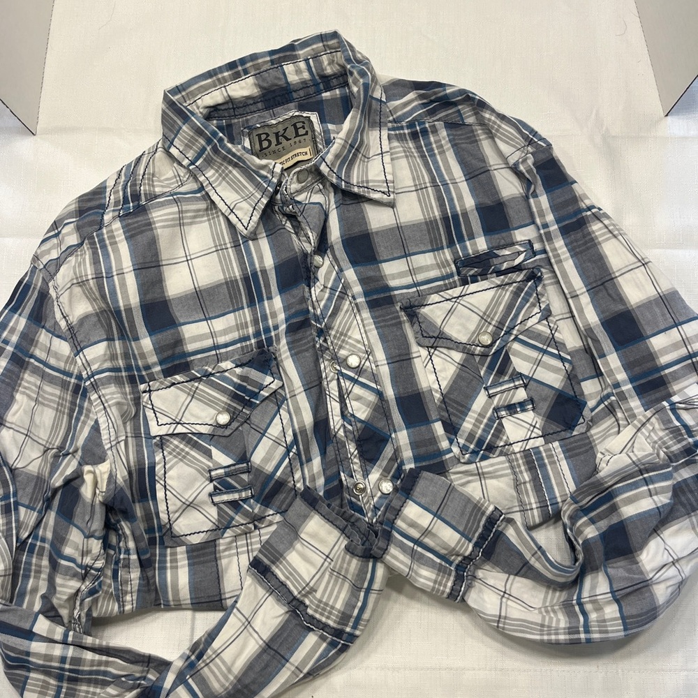 BKE Blue and White Plaid Casual Button Down Shirt Size Large